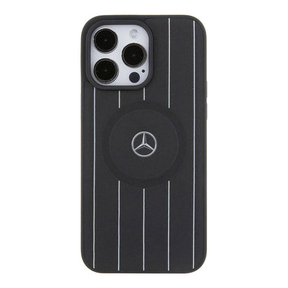 iPhone 15 Pro Max Kılıf Mercedes Benz Orjinal Lisanslı M-safe Şarj Özellikli Baskı Logolu Paralel Çizgi Desenli Deri Kapak
