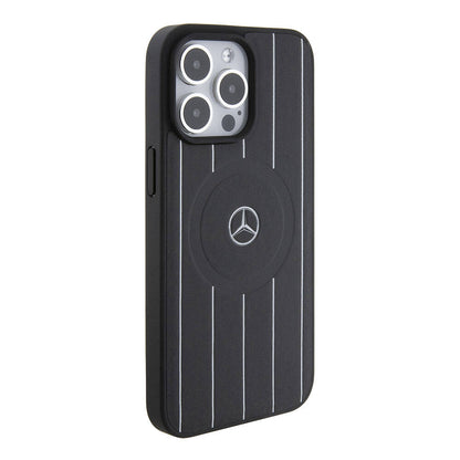 iPhone 15 Pro Max Kılıf Mercedes Benz Orjinal Lisanslı M-safe Şarj Özellikli Baskı Logolu Paralel Çizgi Desenli Deri Kapak