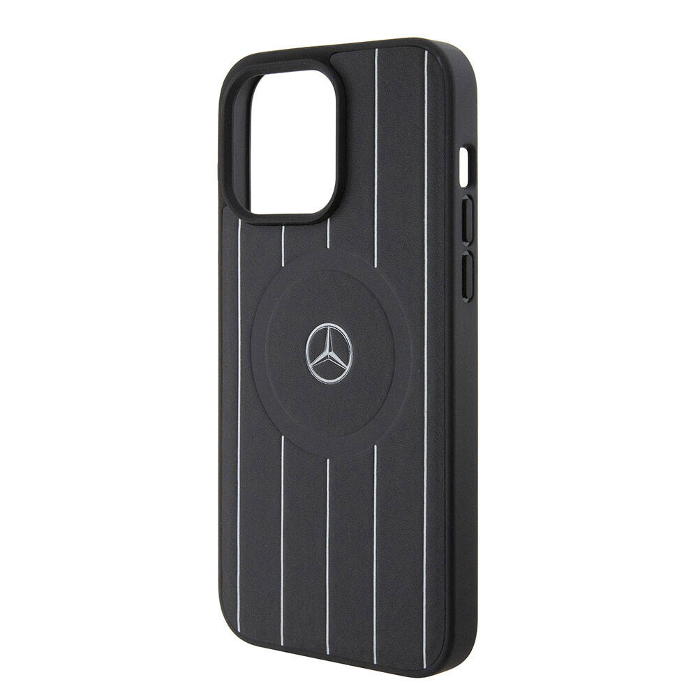 iPhone 15 Pro Max Kılıf Mercedes Benz Orjinal Lisanslı M-safe Şarj Özellikli Baskı Logolu Paralel Çizgi Desenli Deri Kapak
