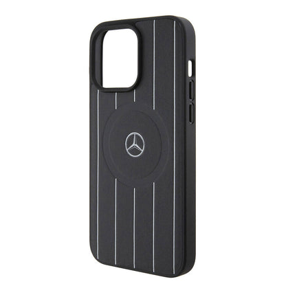 iPhone 15 Pro Max Kılıf Mercedes Benz Orjinal Lisanslı M-safe Şarj Özellikli Baskı Logolu Paralel Çizgi Desenli Deri Kapak