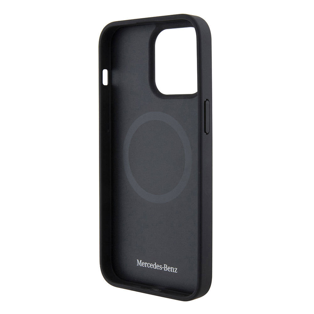 iPhone 15 Pro Max Kılıf Mercedes Benz Orjinal Lisanslı M-safe Şarj Özellikli Baskı Logolu Paralel Çizgi Desenli Deri Kapak