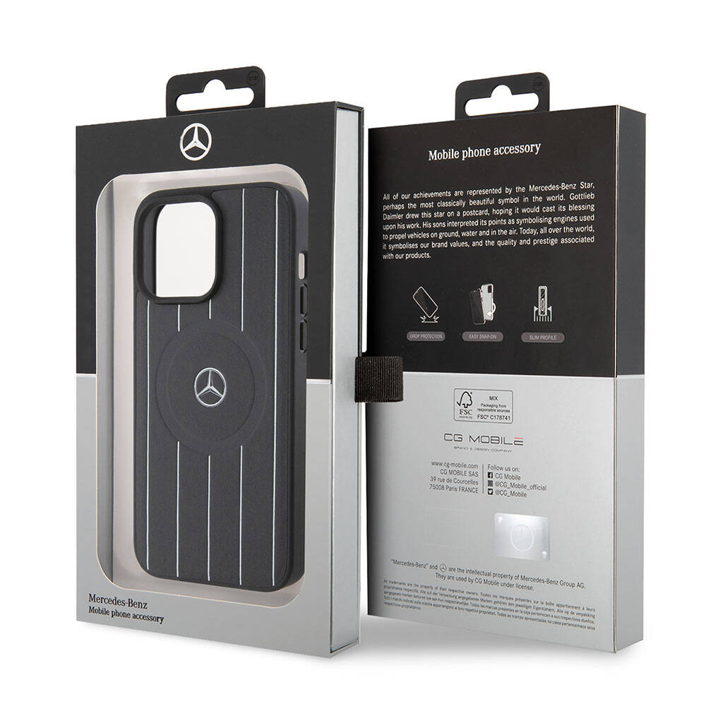 iPhone 15 Pro Max Kılıf Mercedes Benz Orjinal Lisanslı M-safe Şarj Özellikli Baskı Logolu Paralel Çizgi Desenli Deri Kapak