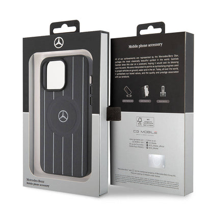 iPhone 15 Pro Max Kılıf Mercedes Benz Orjinal Lisanslı M-safe Şarj Özellikli Baskı Logolu Paralel Çizgi Desenli Deri Kapak