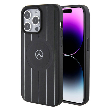 iPhone 15 Pro Max Kılıf Mercedes Benz Orjinal Lisanslı M-safe Şarj Özellikli Baskı Logolu Paralel Çizgi Desenli Deri Kapak