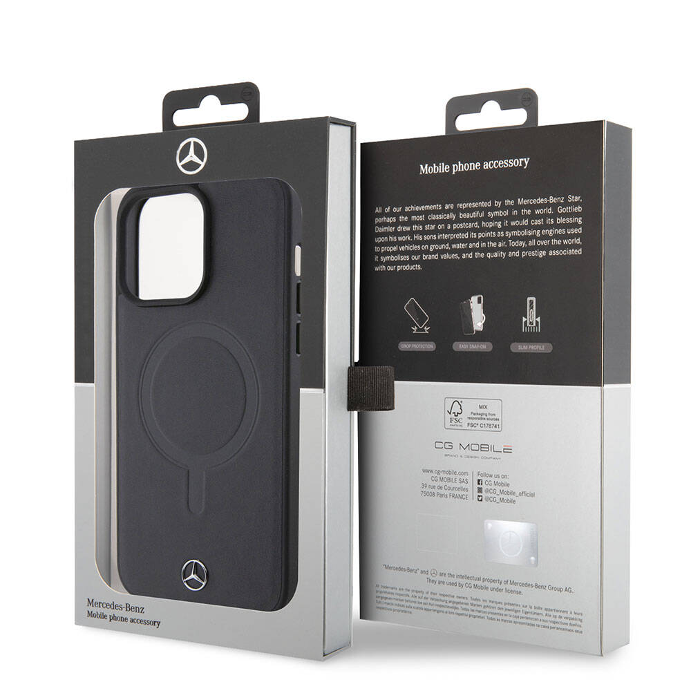 iPhone 15 Pro Max Kılıf Mercedes Benz Orjinal Lisanslı M-safe Şarj Özellikli Metal Yıldız Logolu Pürüzsüz Deri Kapak