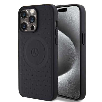 iPhone 15 Pro Max Kılıf Mercedes Benz Orjinal Lisanslı M-safe Şarj Özellikli Mühürlü Yıldız Desenli ve Logolu Deri Kapak