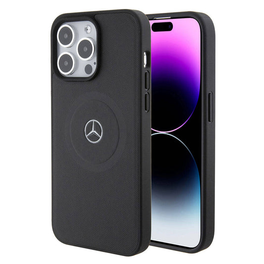 iPhone 15 Pro Max Kılıf Mercedes Benz Orjinal Lisanslı M-safe Şarj Özellikli Pike Desenli Baskı Logolu Deri Kapak