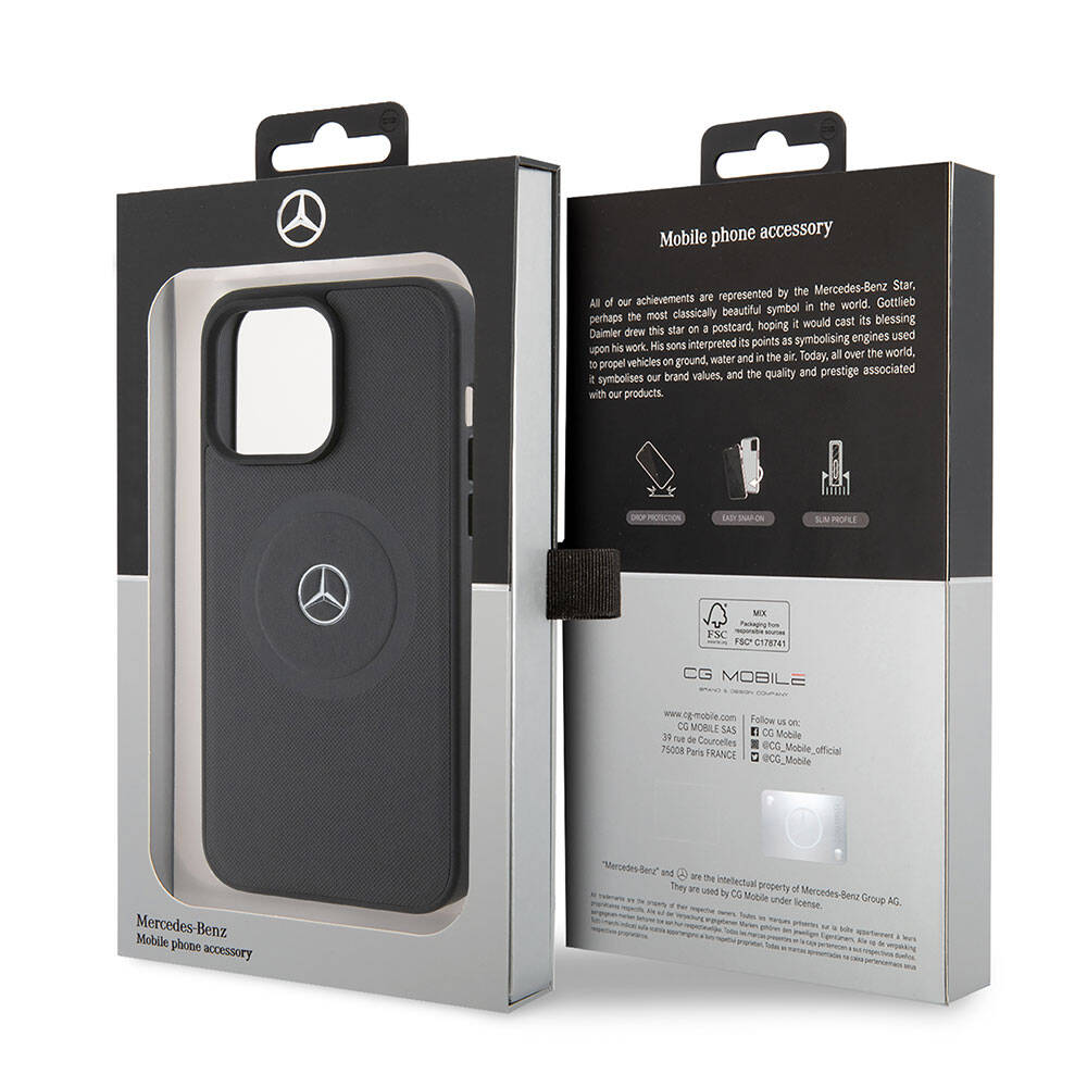 iPhone 15 Pro Max Kılıf Mercedes Benz Orjinal Lisanslı M-safe Şarj Özellikli Pike Desenli Baskı Logolu Deri Kapak
