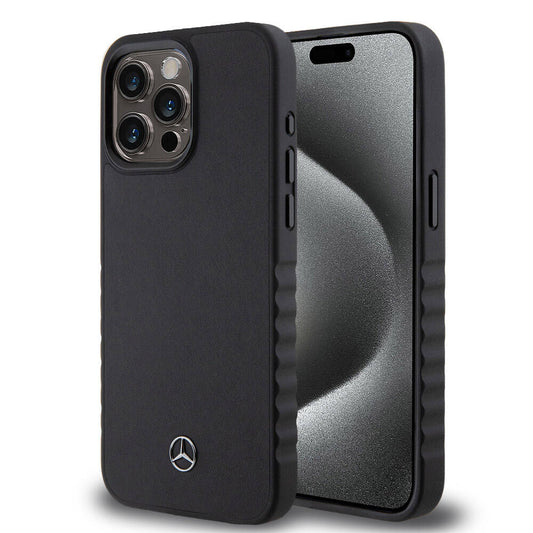 iPhone 15 Pro Max Kılıf Mercedes Benz Orjinal Lisanslı Tırtıklı Kenar Tasarımlı Metal Yıldız Logolu Pürüzsüz Hakiki Deri Kapak