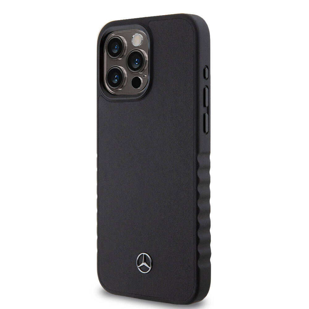 iPhone 15 Pro Max Kılıf Mercedes Benz Orjinal Lisanslı Tırtıklı Kenar Tasarımlı Metal Yıldız Logolu Pürüzsüz Hakiki Deri Kapak