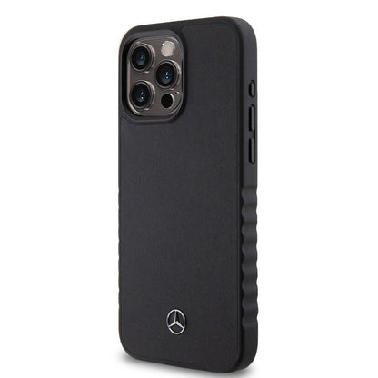 iPhone 15 Pro Max Kılıf Mercedes Benz Orjinal Lisanslı Tırtıklı Kenar Tasarımlı Metal Yıldız Logolu Pürüzsüz Hakiki Deri Kapak