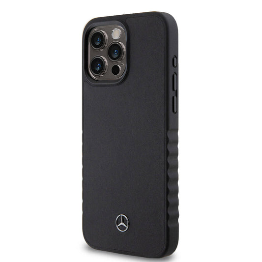 iPhone 15 Pro Max Kılıf Mercedes Benz Orjinal Lisanslı Tırtıklı Kenar Tasarımlı Metal Yıldız Logolu Pürüzsüz Hakiki Deri Kapak