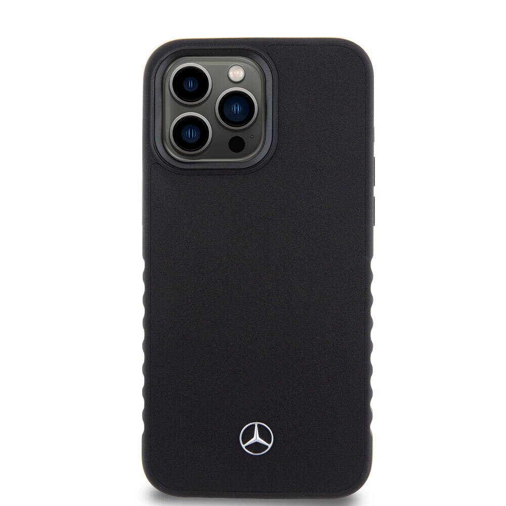 iPhone 15 Pro Max Kılıf Mercedes Benz Orjinal Lisanslı Tırtıklı Kenar Tasarımlı Metal Yıldız Logolu Pürüzsüz Hakiki Deri Kapak