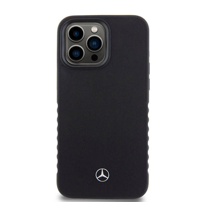 iPhone 15 Pro Max Kılıf Mercedes Benz Orjinal Lisanslı Tırtıklı Kenar Tasarımlı Metal Yıldız Logolu Pürüzsüz Hakiki Deri Kapak