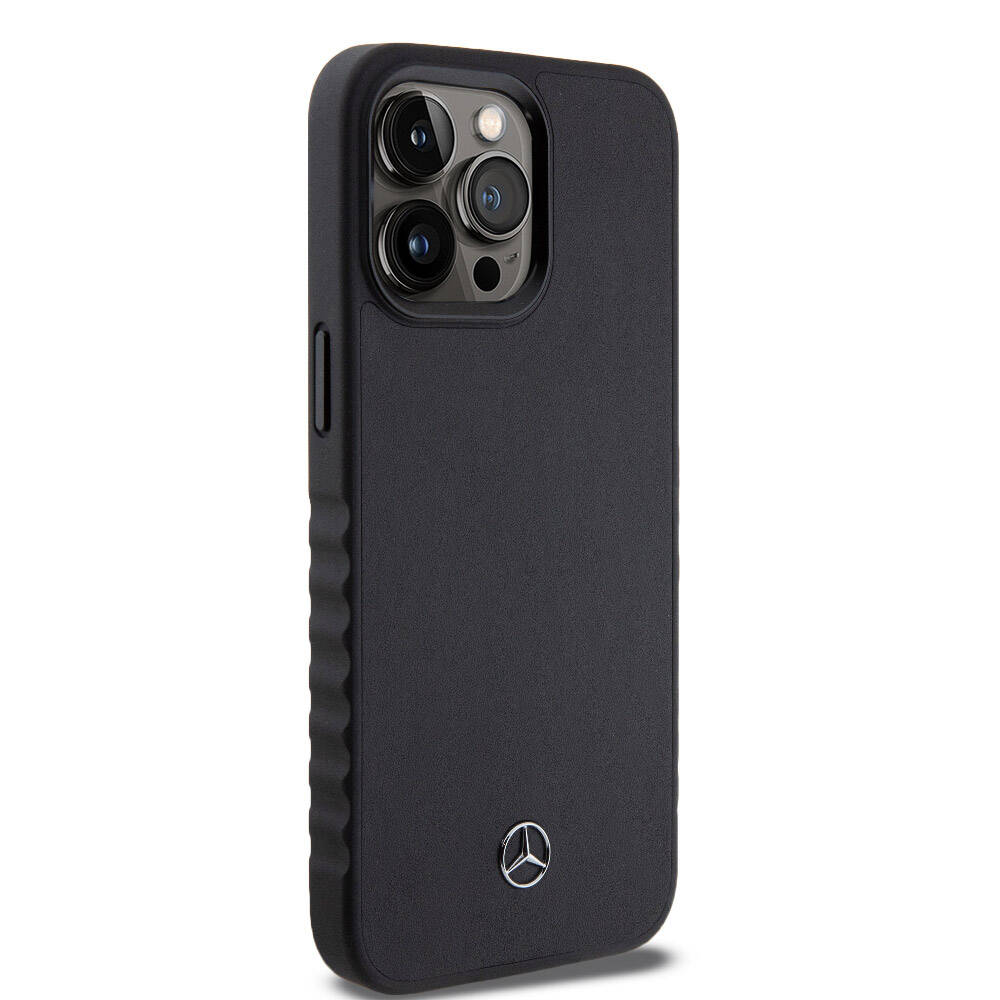 iPhone 15 Pro Max Kılıf Mercedes Benz Orjinal Lisanslı Tırtıklı Kenar Tasarımlı Metal Yıldız Logolu Pürüzsüz Hakiki Deri Kapak