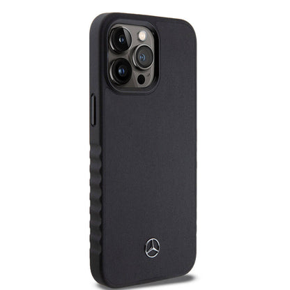 iPhone 15 Pro Max Kılıf Mercedes Benz Orjinal Lisanslı Tırtıklı Kenar Tasarımlı Metal Yıldız Logolu Pürüzsüz Hakiki Deri Kapak