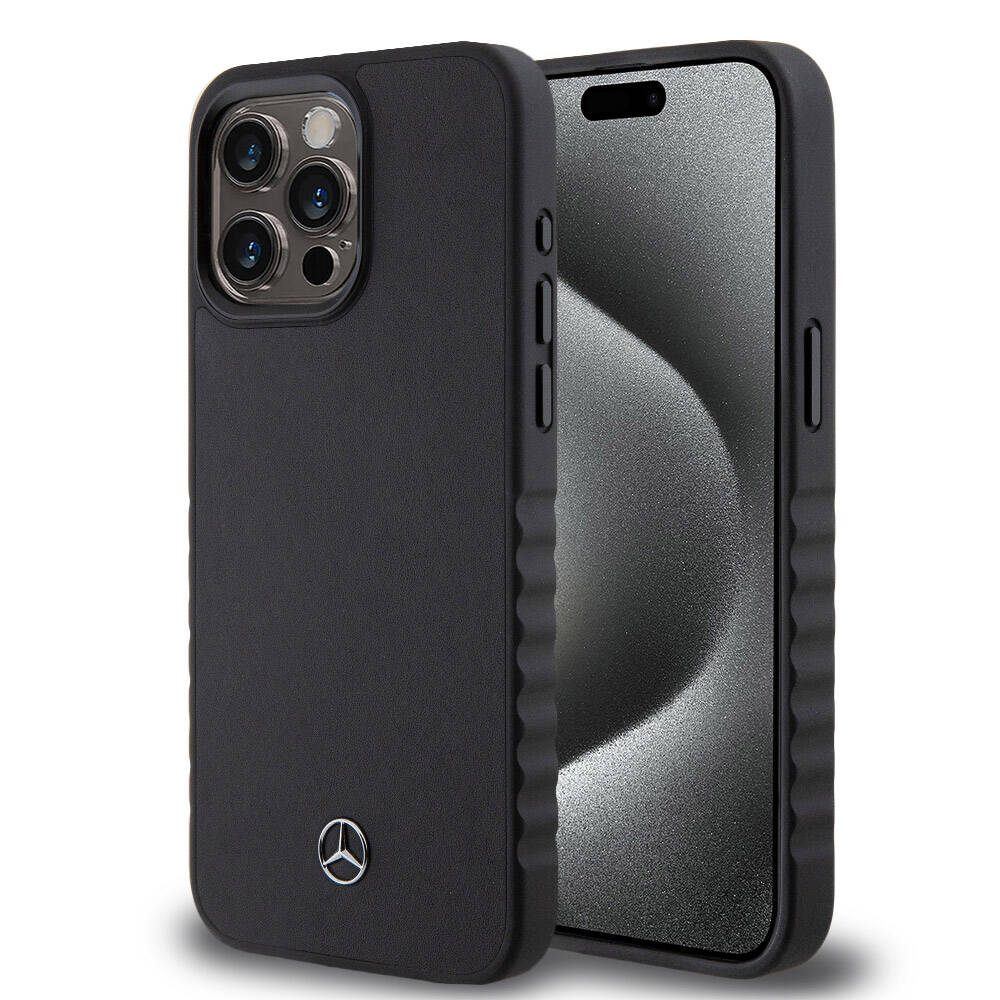 iPhone 15 Pro Max Kılıf Mercedes Benz Orjinal Lisanslı Tırtıklı Kenar Tasarımlı Metal Yıldız Logolu Pürüzsüz Hakiki Deri Kapak