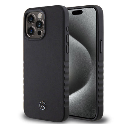 iPhone 15 Pro Max Kılıf Mercedes Benz Orjinal Lisanslı Tırtıklı Kenar Tasarımlı Metal Yıldız Logolu Pürüzsüz Hakiki Deri Kapak