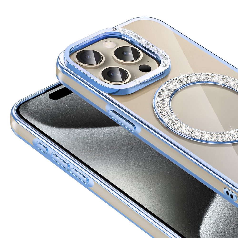 Apple iPhone 15 Pro Max Kılıf Pırlanta Taş Tasarımlı M-safe Şarj Özellikli Zore Karetta Silikon Kapak