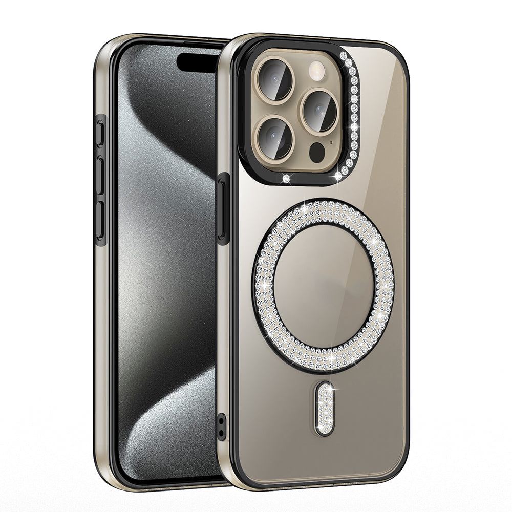 Apple iPhone 15 Pro Max Kılıf Pırlanta Taş Tasarımlı M-safe Şarj Özellikli Zore Karetta Silikon Kapak