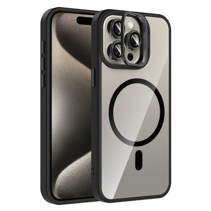 Apple iPhone 15 Pro Max Kılıf Standlı ve Kamera Lens Hediyeli M-Safe Şarj Özellikli Zore Etro Kapak
