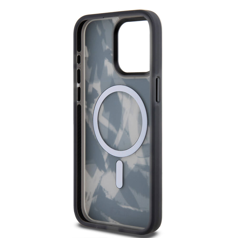 iPhone 15 Pro Max Kılıf TUMI Orjinal Lisanslı M-safe Şarj Özellikli Buzlanmış Saydam Fırça Kamuflajı Desenli Kapak