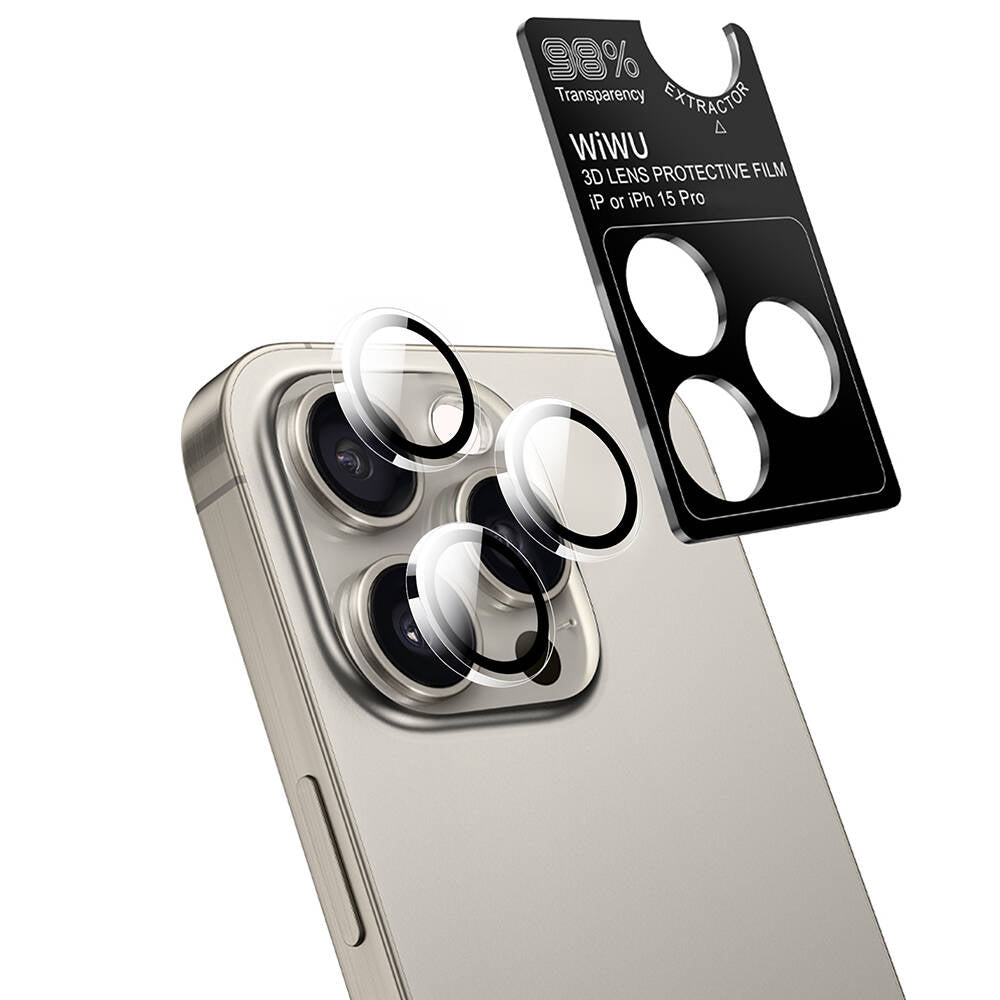 iPhone 15 Pro Wiwu Wi-IP002 2in1 Temperli Cam Ahize Toz Önleyici Ekran Koruyucu ve Kamera Lens Koruyucu Set