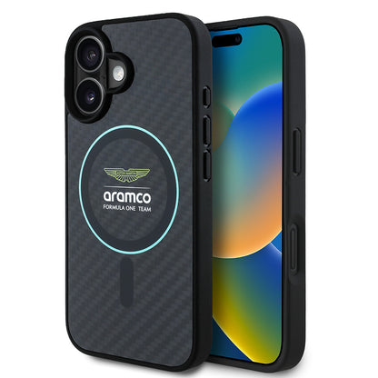 iPhone 16 Kılıf Aston Martin Orjinal Lisanslı M-safe Şarj Özellikli Renkli Halka ve Karbon Fiber Tasarımlı Kapak