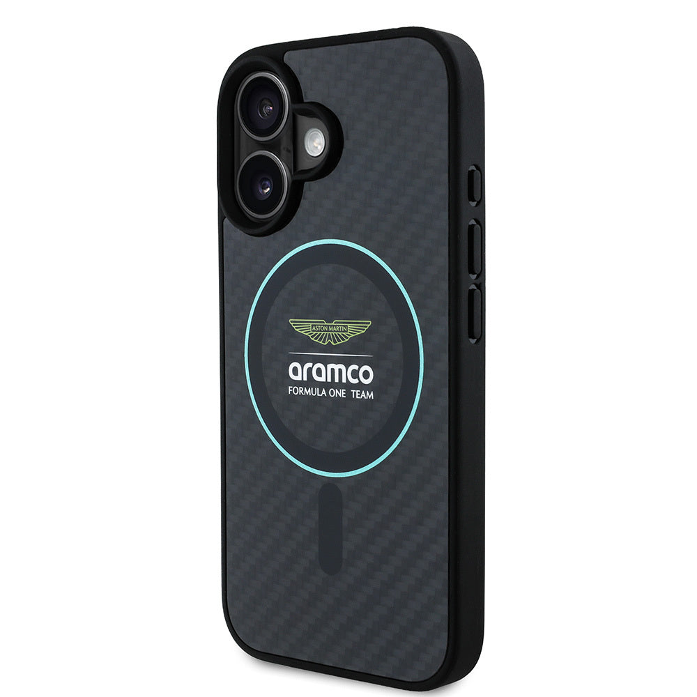 iPhone 16 Kılıf Aston Martin Orjinal Lisanslı M-safe Şarj Özellikli Renkli Halka ve Karbon Fiber Tasarımlı Kapak