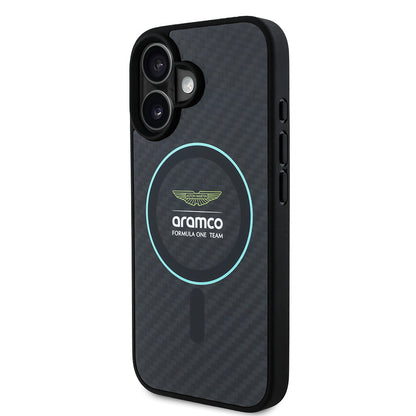 iPhone 16 Kılıf Aston Martin Orjinal Lisanslı M-safe Şarj Özellikli Renkli Halka ve Karbon Fiber Tasarımlı Kapak