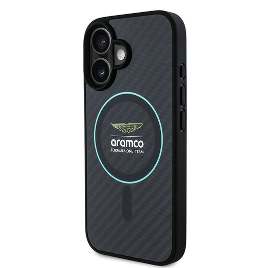 iPhone 16 Kılıf Aston Martin Orjinal Lisanslı M-safe Şarj Özellikli Renkli Halka ve Karbon Fiber Tasarımlı Kapak