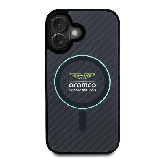 iPhone 16 Kılıf Aston Martin Orjinal Lisanslı M-safe Şarj Özellikli Renkli Halka ve Karbon Fiber Tasarımlı Kapak