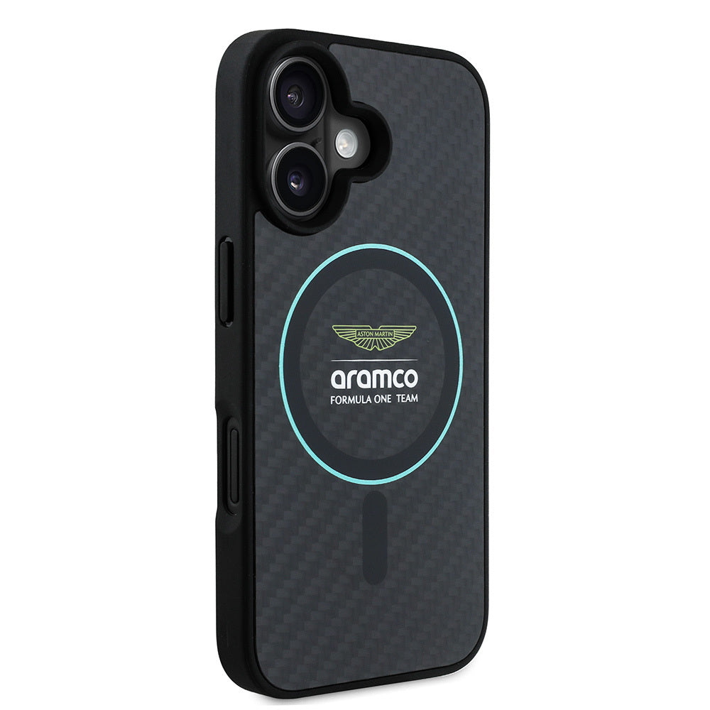 iPhone 16 Kılıf Aston Martin Orjinal Lisanslı M-safe Şarj Özellikli Renkli Halka ve Karbon Fiber Tasarımlı Kapak