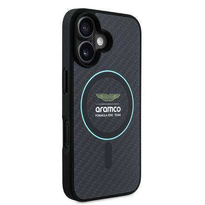 iPhone 16 Kılıf Aston Martin Orjinal Lisanslı M-safe Şarj Özellikli Renkli Halka ve Karbon Fiber Tasarımlı Kapak