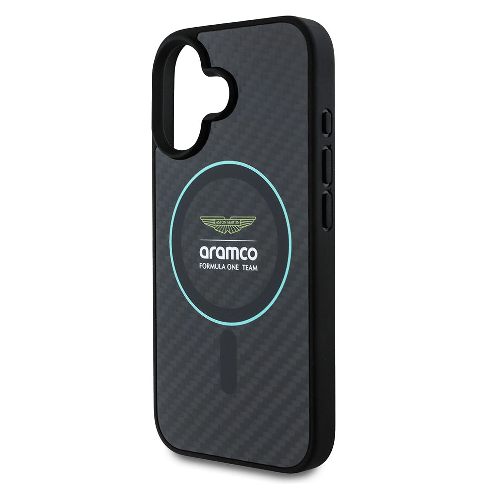 iPhone 16 Kılıf Aston Martin Orjinal Lisanslı M-safe Şarj Özellikli Renkli Halka ve Karbon Fiber Tasarımlı Kapak