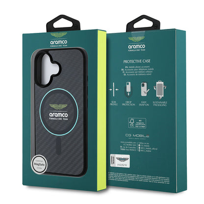 iPhone 16 Kılıf Aston Martin Orjinal Lisanslı M-safe Şarj Özellikli Renkli Halka ve Karbon Fiber Tasarımlı Kapak