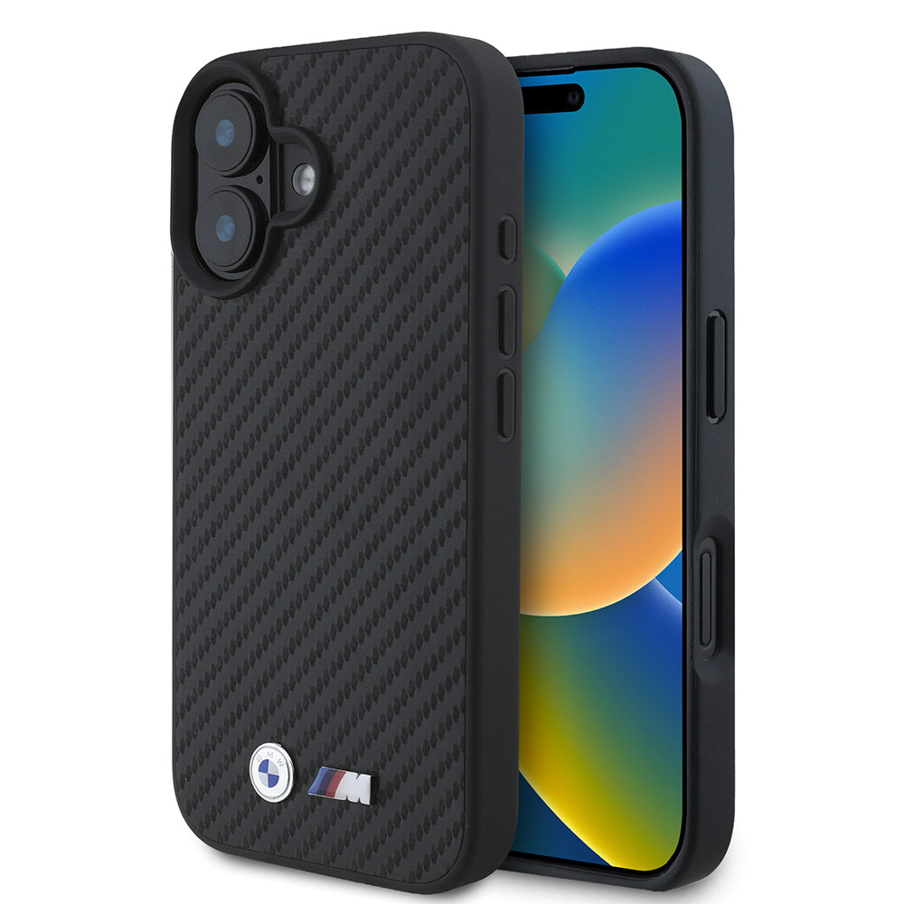 iPhone 16 Kılıf BMW Orjinal Lisanslı Karbon Fiber Tasarımlı ve Metal Logolu PU Deri Kapak