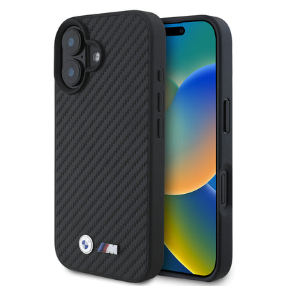 iPhone 16 Kılıf BMW Orjinal Lisanslı Karbon Fiber Tasarımlı ve Metal Logolu PU Deri Kapak