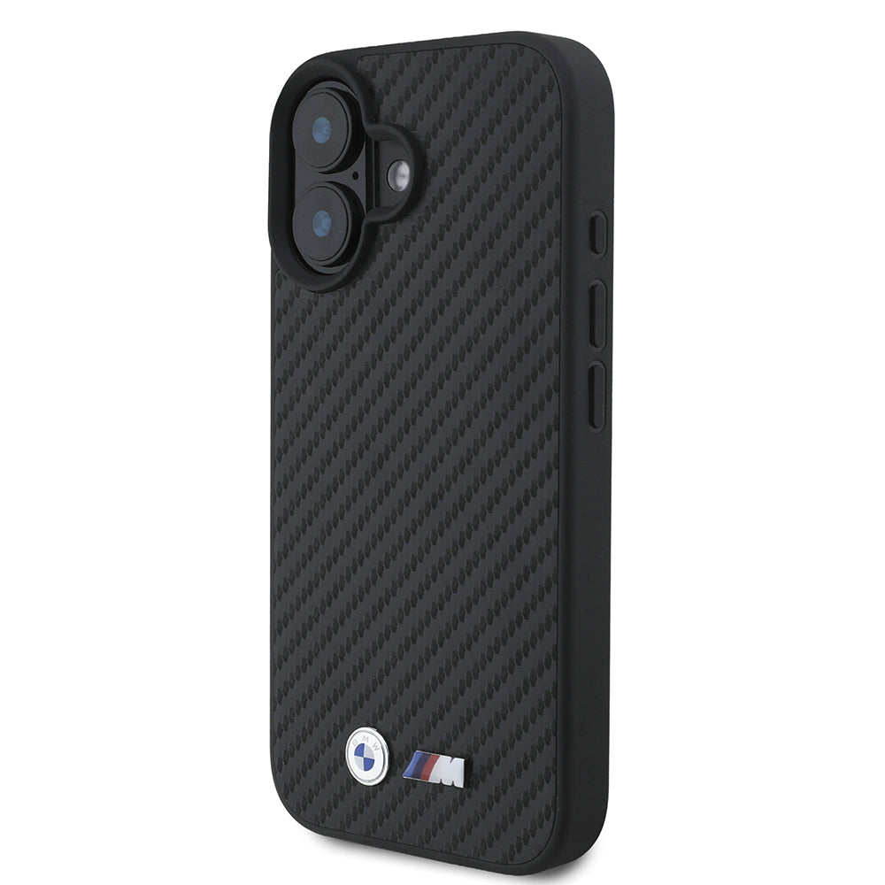 iPhone 16 Kılıf BMW Orjinal Lisanslı Karbon Fiber Tasarımlı ve Metal Logolu PU Deri Kapak