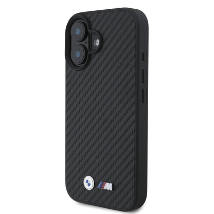 iPhone 16 Kılıf BMW Orjinal Lisanslı Karbon Fiber Tasarımlı ve Metal Logolu PU Deri Kapak