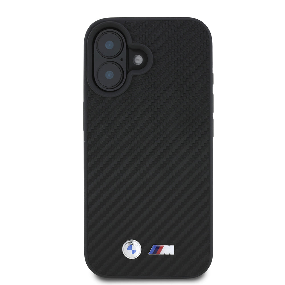 iPhone 16 Kılıf BMW Orjinal Lisanslı Karbon Fiber Tasarımlı ve Metal Logolu PU Deri Kapak