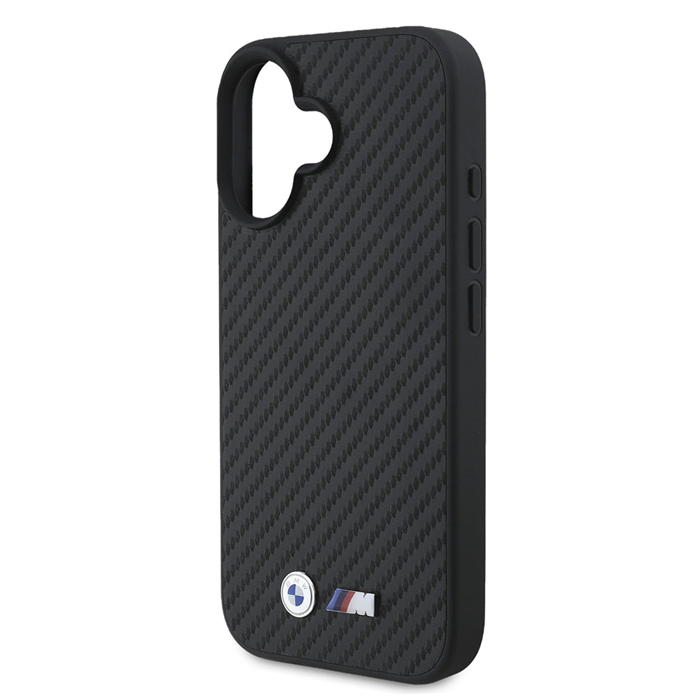 iPhone 16 Kılıf BMW Orjinal Lisanslı Karbon Fiber Tasarımlı ve Metal Logolu PU Deri Kapak
