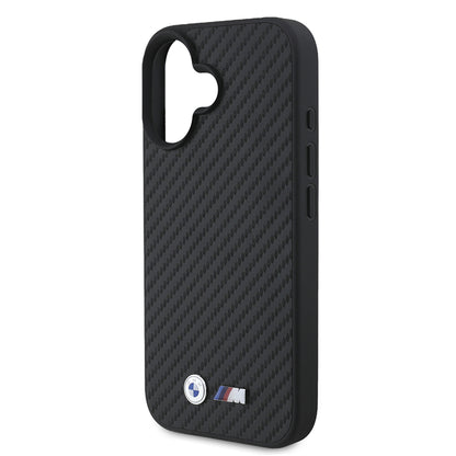 iPhone 16 Kılıf BMW Orjinal Lisanslı Karbon Fiber Tasarımlı ve Metal Logolu PU Deri Kapak