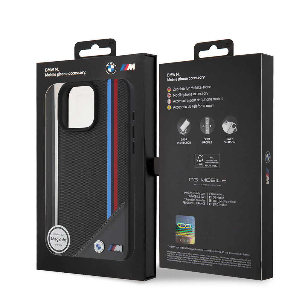 iPhone 16 Kılıf BMW Orjinal Lisanslı M-safe Şarj Özellikli M Logolu Üç Çizgili Dikiş Detaylı Meshed Tricolor Stripes Kapak