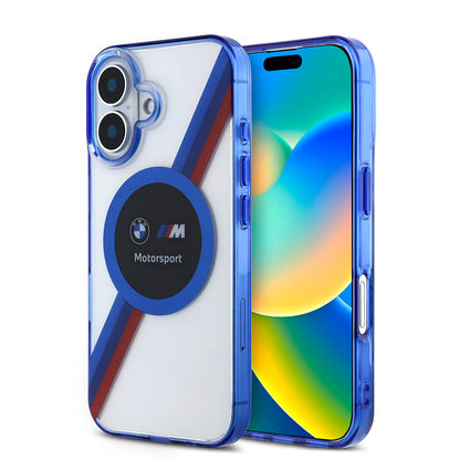 iPhone 16 Kılıf BMW Orjinal Lisanslı M-safe Şarj Özellikli M Logolu Üç Renk Çizgili Motorsport Circle Kapak
