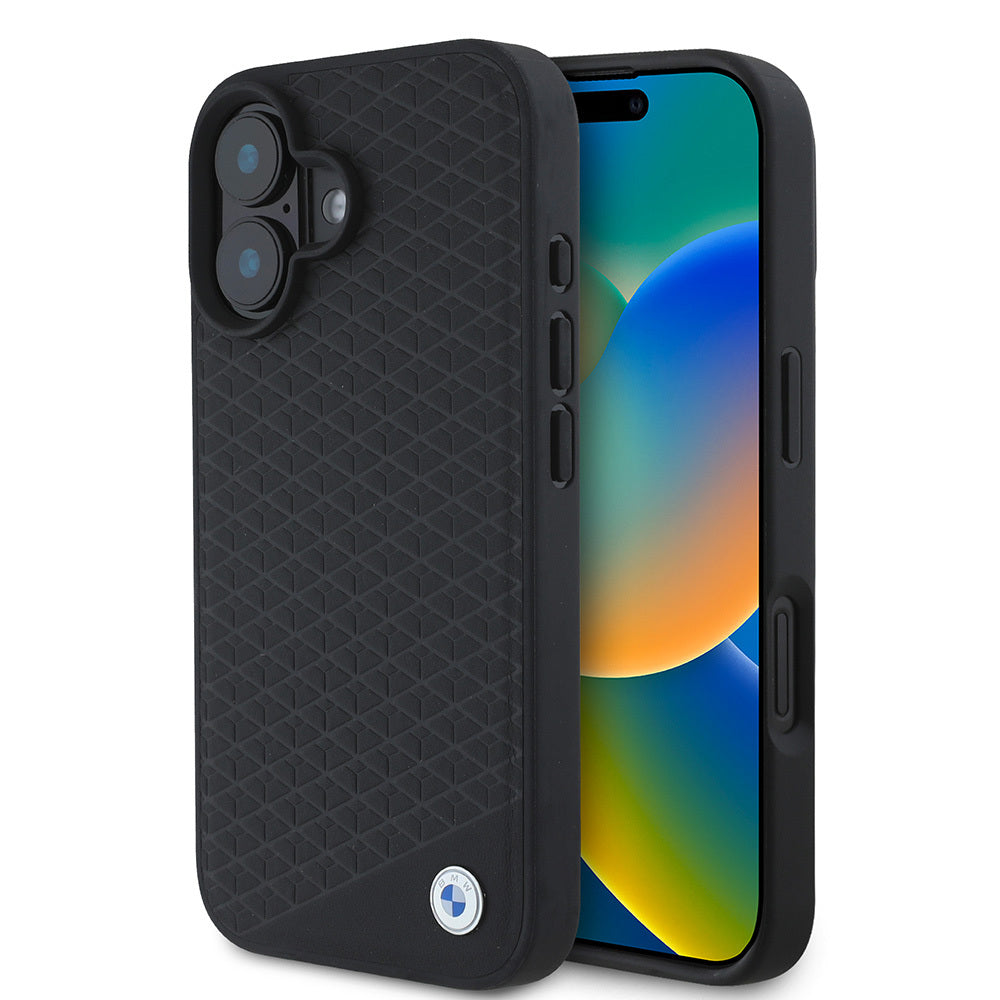 iPhone 16 Kılıf BMW Orjinal Lisanslı M-safe Şarj Özellikli Metal Logolu Dokulu Diamond Deri Kapak