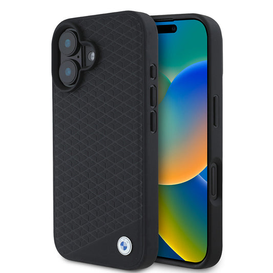 iPhone 16 Kılıf BMW Orjinal Lisanslı M-safe Şarj Özellikli Metal Logolu Dokulu Diamond Deri Kapak