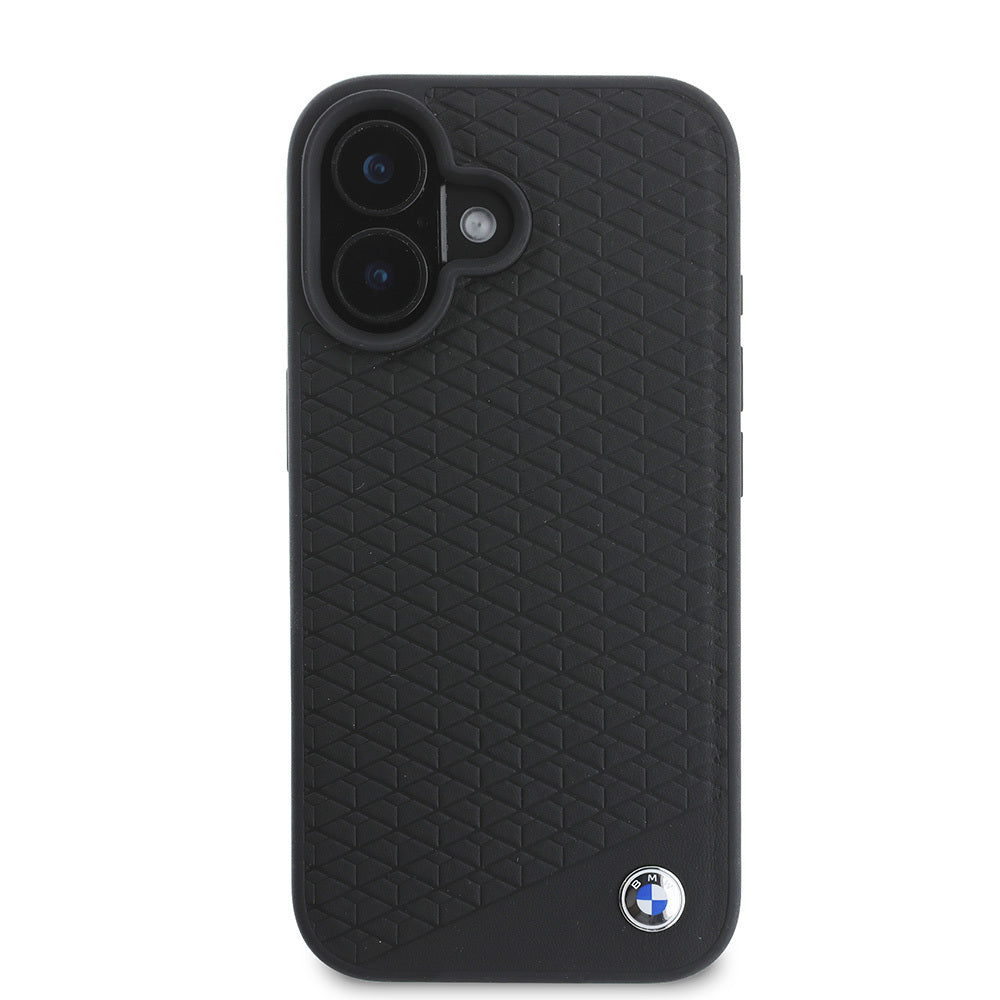 iPhone 16 Kılıf BMW Orjinal Lisanslı M-safe Şarj Özellikli Metal Logolu Dokulu Diamond Deri Kapak