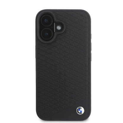 iPhone 16 Kılıf BMW Orjinal Lisanslı M-safe Şarj Özellikli Metal Logolu Dokulu Diamond Deri Kapak