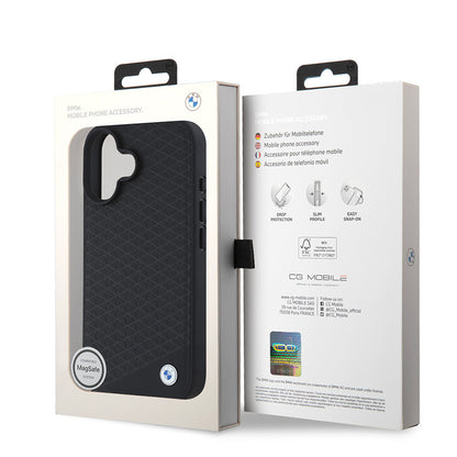 iPhone 16 Kılıf BMW Orjinal Lisanslı M-safe Şarj Özellikli Metal Logolu Dokulu Diamond Deri Kapak